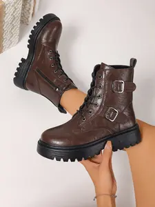 Women's Punk Style Combat Boots, PU Leather, Side Zipper, Buckle Detail, Above Ankle, Casual Fashion, All Seasons