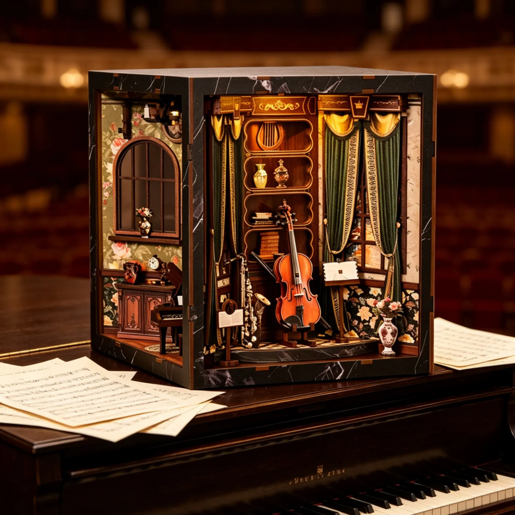 European Melody Touch-Activated LED Acrylic Wooden Instrument Box Book Nook 3D Puzzle Model Building Kit - Beginner-Friendly Do It Yourself Collectible, Country-Victorian Mini Toy House Decor, Unique Gift for Music Lovers, Miniature Furniture, Craft Ideas