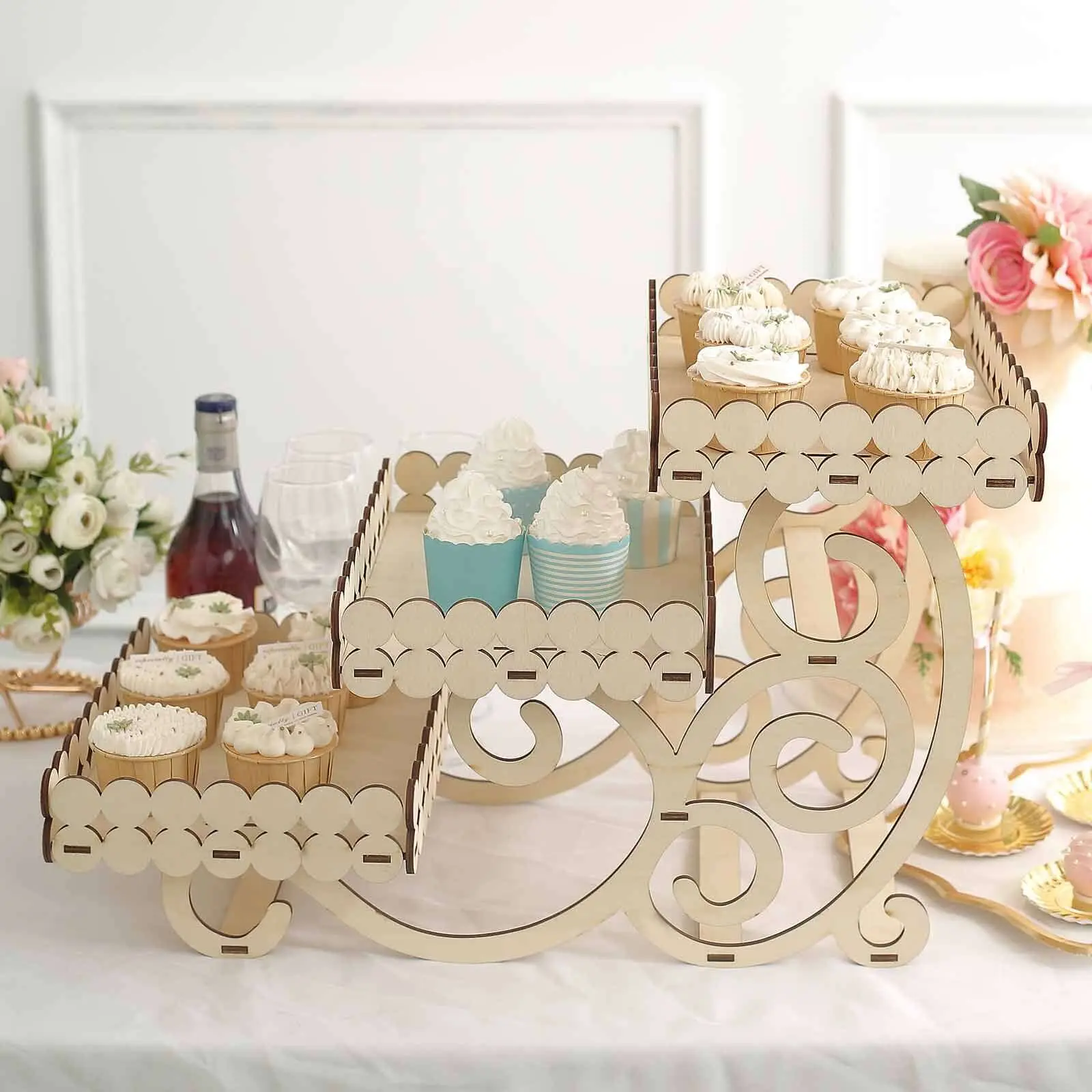 3-Layer Natural Wooden Rectangular Laser Cutout Dessert Display, 22 Inches Decor Serving Platter for Cupcakes & Mini Cakes, Wedding/Anniversary Decoration (Home & Festive Party Supplies)