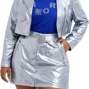 Elegant Skirt Set - Silver Metallic Zipper Jacket & Blue Rhinestone Tee Combo for Stylish Outfits
