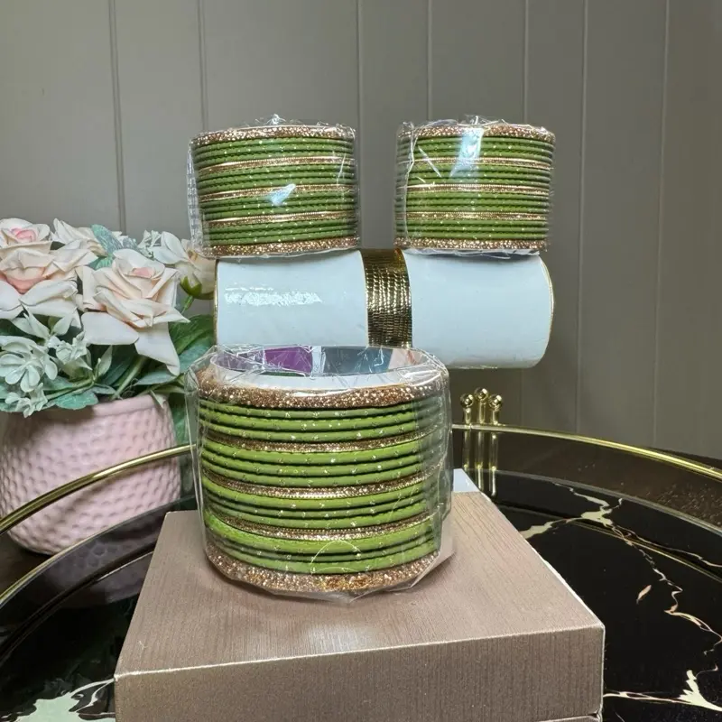 Elegant Desi Metal Bangle Set with Kundan Karas and Rhinestones, 2.6 in Size