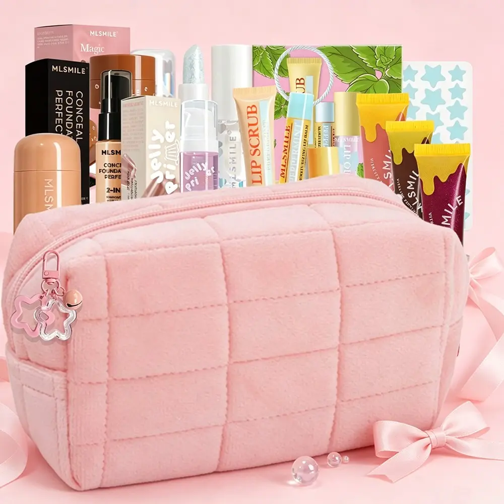 Face Makeup Set: Pink Cosmetic Bag, Keychain, Makeup Bags Gift Set—Includes freckle cushion, blush, acne patches, lip care products, lip gloss, oil-control foundation, and primer gel. Perfect for Valentine's Day, anniversaries