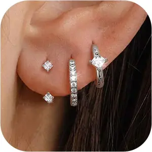 Fansilver 3-4 Pairs Silver Earrings for Women, Dainty Gold Plated Stud Hoop Earrings Sets for Multiple Piercing, Hypoallergenic Small Silver Hoop Earrings Stacks for Sensitive Ears Women Trendy Earrings