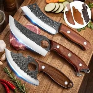 3PCS Kitchen Knife Set with Leather Sheaths, Forged Stainless Steel Chef Knives, Butcher Knife, Carving Knife & Paring Knife with Wood Handle for BBQ, Camping