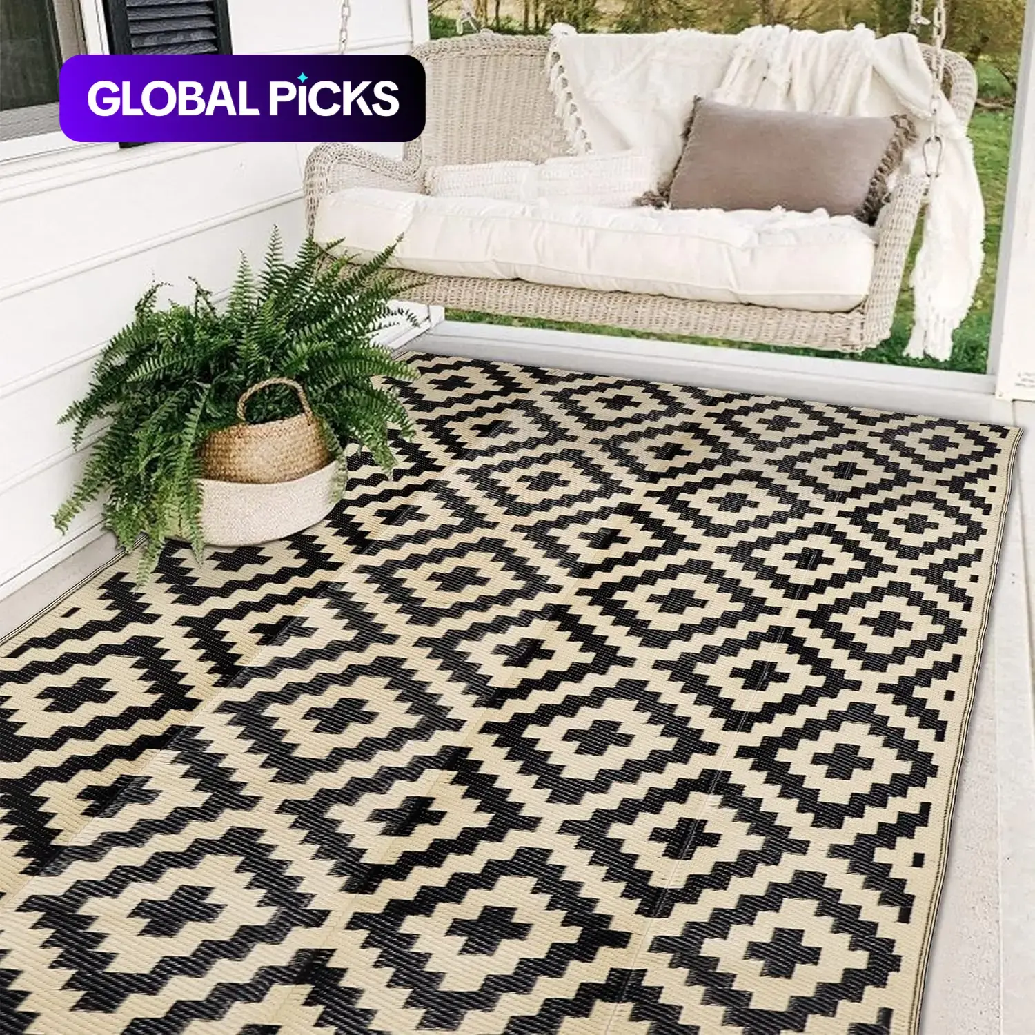 Geometric Pattern Waterproof Double-Sided Outdoor Rug, 1 Count Modern Checkered Area Rug for RV, Terrace, Backyard, Deck, Beach and Camping Patio Rug #GLOBAL PICKS