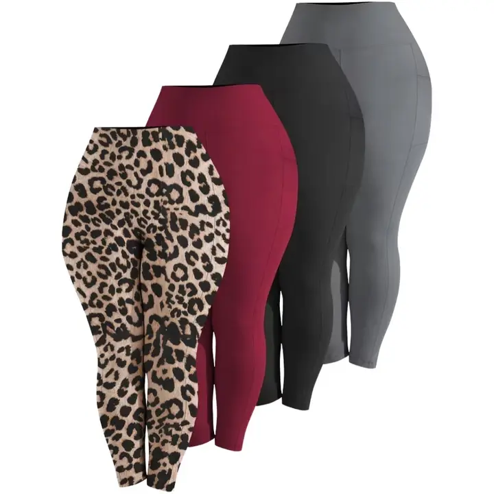 Women's 4-Pack High Waisted Leggings with Pockets - Tummy Control, Compression, Polyester Blend Activewear Basics, Plus Size Female Athletic Skinny Bottoms for Workout, Dance