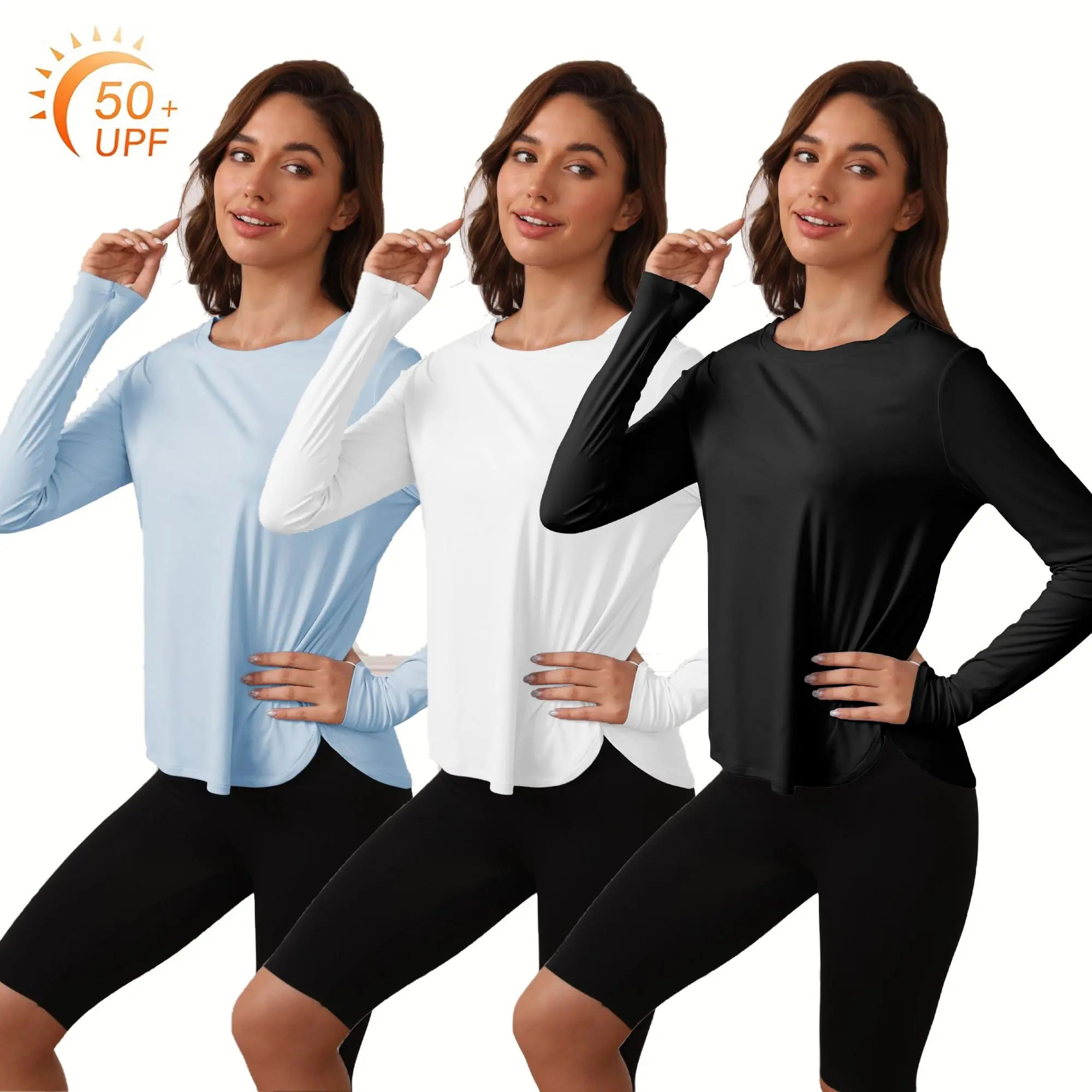 Women's Crew Neck Sun Protective T-Shirt - Light Grey Solid, Lightweight Long Sleeve, UPF 50+ SPF, Curved Hem, Breathable Sports Wear, Outdoor Wear, Machine Washable, Travel Friendly, Durable Casual Activewear for Hiking, Fishing, Crew Neck Sportswear, Da