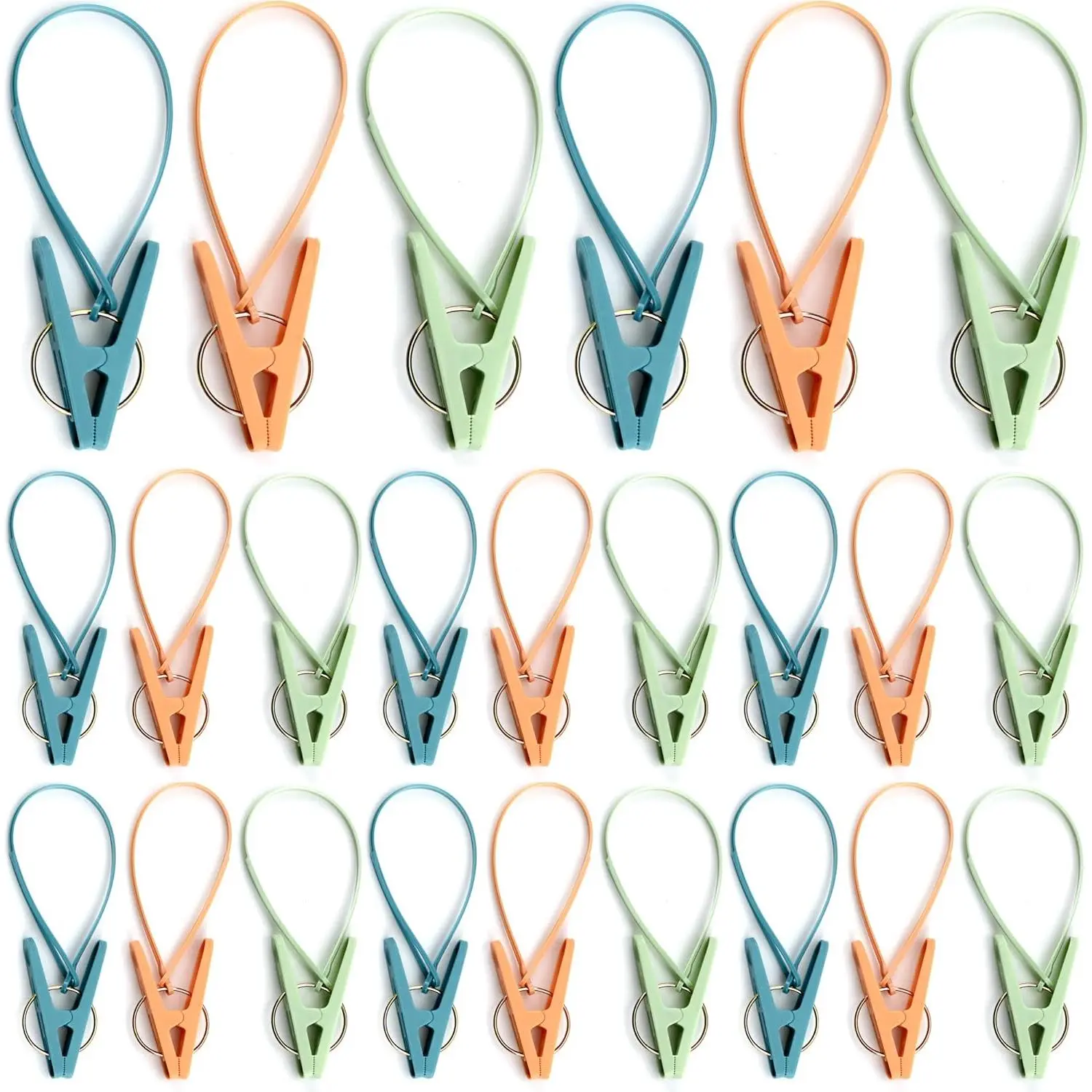 24 Pack Clothes Pins Clothes Peg Clip Pins with Plastic Rope for Clothesline Multicolor Drying Clothing Clips Hooks Windproof Clothes Hanger for Hanging Socks Hats Pants Bras Underwears Towel Photo