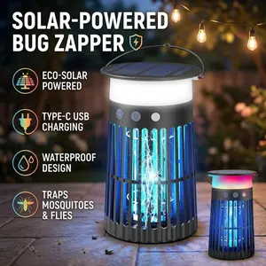 SAIJZEK Bug Zapper Solar, 4-in-1 Anti Mosquito Multi-Insect Killer - USB-C Rechargeable, IPX5 Waterproof, RGB Ambience Light, LED Camping Lantern, UV Fly Control Trap for Patio, Camping