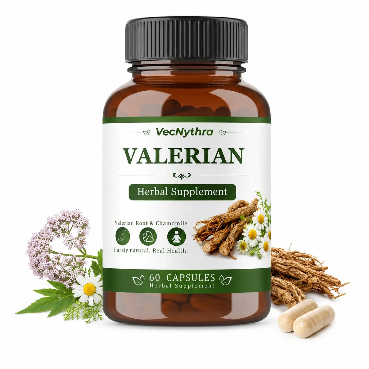 VecNythra Valerian Root Dietary Supplement Capsules with Chamomile, L-Theanine, Melatonin-Free Nighttime Wellness Formula, 60 Vegetable Capsules, Healthcare