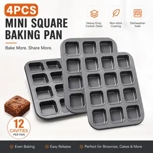 4 Pack Non-Stick Brownie Pan – 12-Cavity Heavy Duty Carbon Steel Bakeware, Use for Mini Muffins, Bread Loaves, Small Cakes – Dishwasher Safe outdoorfun