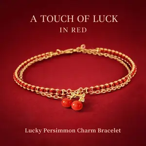 Eloli 18K Gold Plated Red Cord Bracelet with Persimmon Lucky Charm Hypoallergenic Gold Bracelet Enamel Charm Double Chain