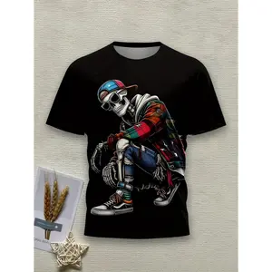 Hip Hop Skeleton Graphic T-Shirt, Cool Streetwear Skull  Oversized Comfort Outfit, Colorful Urban Fashion Tee, Casual Crew