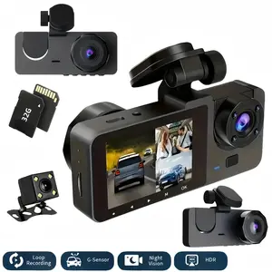 3 Channel HD 1080P Car Dash Cam with Front Rear Interior Cameras, 32GB Memory Card, Night Vision, G Sensor, Motion Detection, 2 Inch Screen, Dash Camera For Car With Rear Camera Accident, Automotive Video Recorder, Video Dashcam