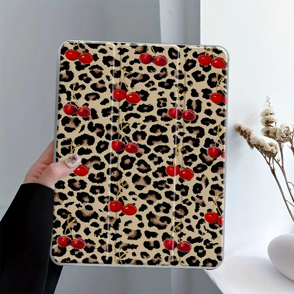 Retro Y2K Leopard Cherry iPad Case, Tablet Cover, Ipad Accessories, Transparent Acrylic Back Panel With Pencil Slot, Suitable for Ipad mini pro air. Scratch-resistant Ultra-thin, Shock-resistant Full Cover Case Suitable for Home & Office