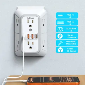 JcBlaon Surge Protector Power Strip, Power Socket, 3-Sided Multi Plug Outlet Extender with 6 Outlets & 4 USB Ports (PD 20W), 1050J Wall Charger for Home Office Dorm Room Essentials, USB Plug In