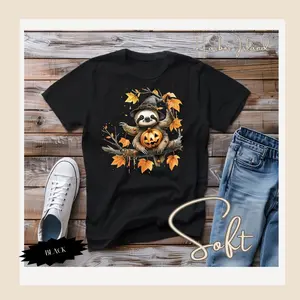 HarborIslandDecor: Cute Sloth Halloween T-Shirt with Pumpkin Design - Funny Animal Tee for Men and Women - Fall Autumn Graphic Tee - Halloween Shirt Breathable Casual