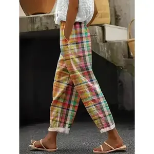 Stylish Plaid Print Straight Leg Pants - Elastic Waist, Slant Pockets, Comfortable Fabric, Relaxed Fit, Perfect for Spring & Summer - Women's Casual Clothing for Everyday Wear