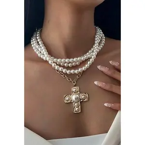 Multi Wrap Pearl Beaded Cross Charm Necklace - Gold