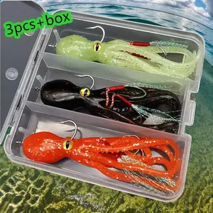 Octopus Shaped Fishing Lure, 3 Counts/box Soft Fishing Bait with Hook, Fake Fishing Lure with Box, Artificial Fishing Lure, Outdoor Fishing Accessories, Fishing Lures Kit, Fishing Lure Set