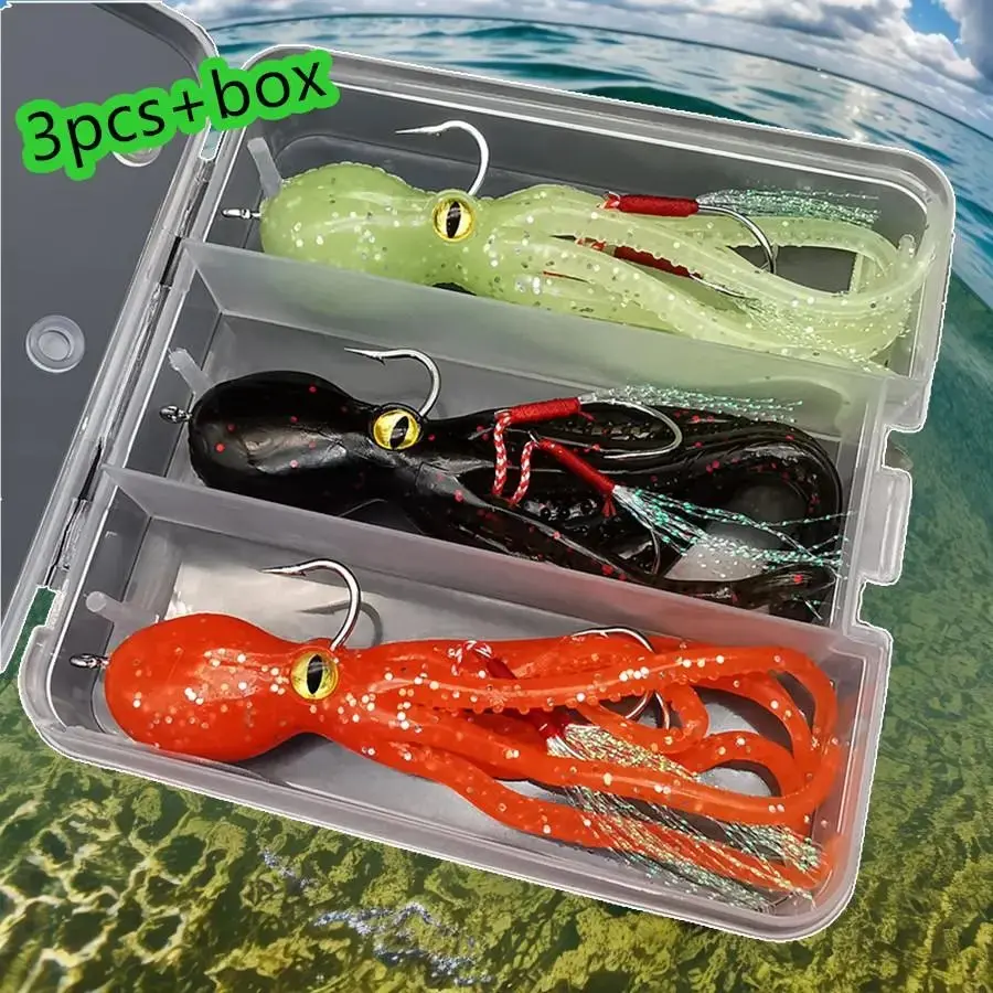 Octopus Shaped Fishing Lure, 3 Counts/box Soft Fishing Bait with Hook, Fake Fishing Lure with Box, Artificial Fishing Lure, Outdoor Fishing Accessories, Fishing Lures Kit, Fishing Lure Set