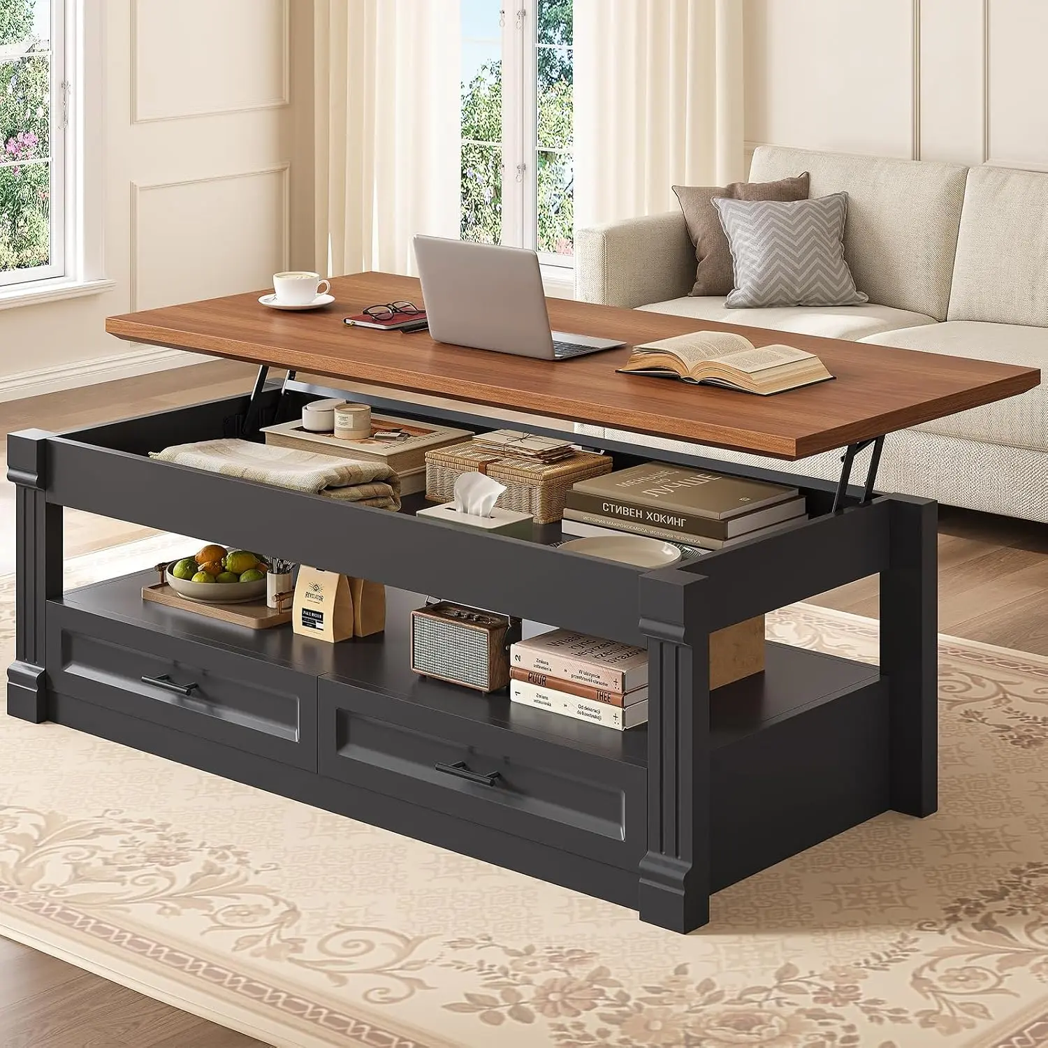 Itaar Lift Top Coffee Table with Storage, 47.2" Farmhouse Coffee Table with 2 Drawers & Hidden Compartment, Wood Center Table with Hydraulic Lifting Mechanism for Living Room