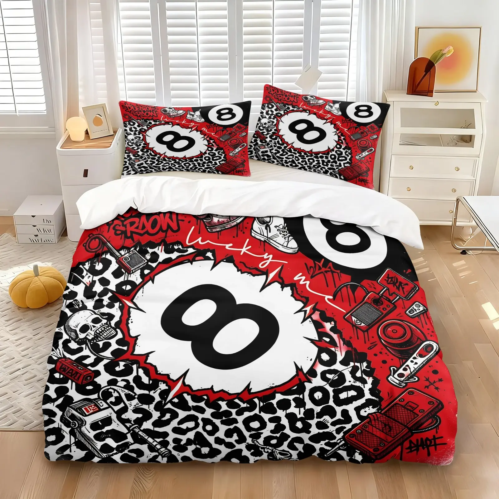 Bold Red Black Street Graffiti Duvet Cover Set, Soft Breathable Microfiber Bedding with 1 or 2 Coreless Pillowcases, Lucky 8 Ball Leopard Print, All Seasons Use, Modern Urban Bedroom Decor for Young Adults