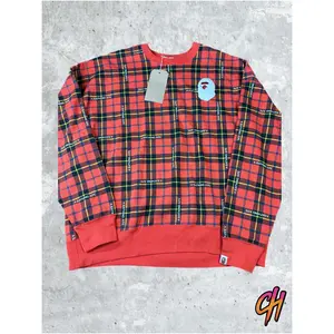 BAPE Logo Check Red Loose Fit Crewneck Sweater Size MD