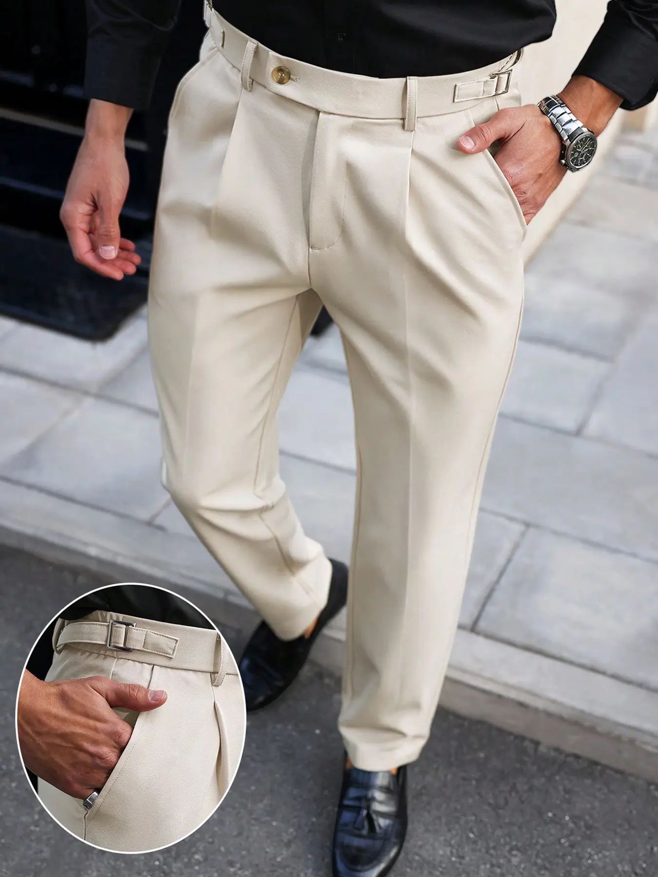 Men's Business-Style Tapered Formal Wear Pants - 9/10 Length Plain Fabric Trousers, Front Pleat, Half-Elastic Adjustable Waistband with Buckle, for Office/Menswear Occasions