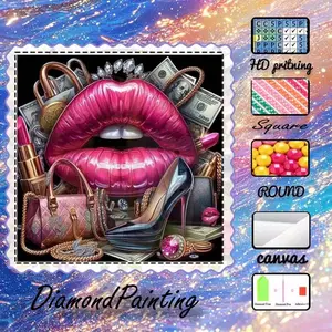 DIY 5D Flocking Cloth Diamond Painting Kit, AB Drill, Fairy Dust Drill, Crystal Drill, Lip Design, Luxury, Beauty, Diamond Embroidery, Special Craft Art Kit, Wall Décor, Gift for Family, Lovers, Friends, Handicraft
