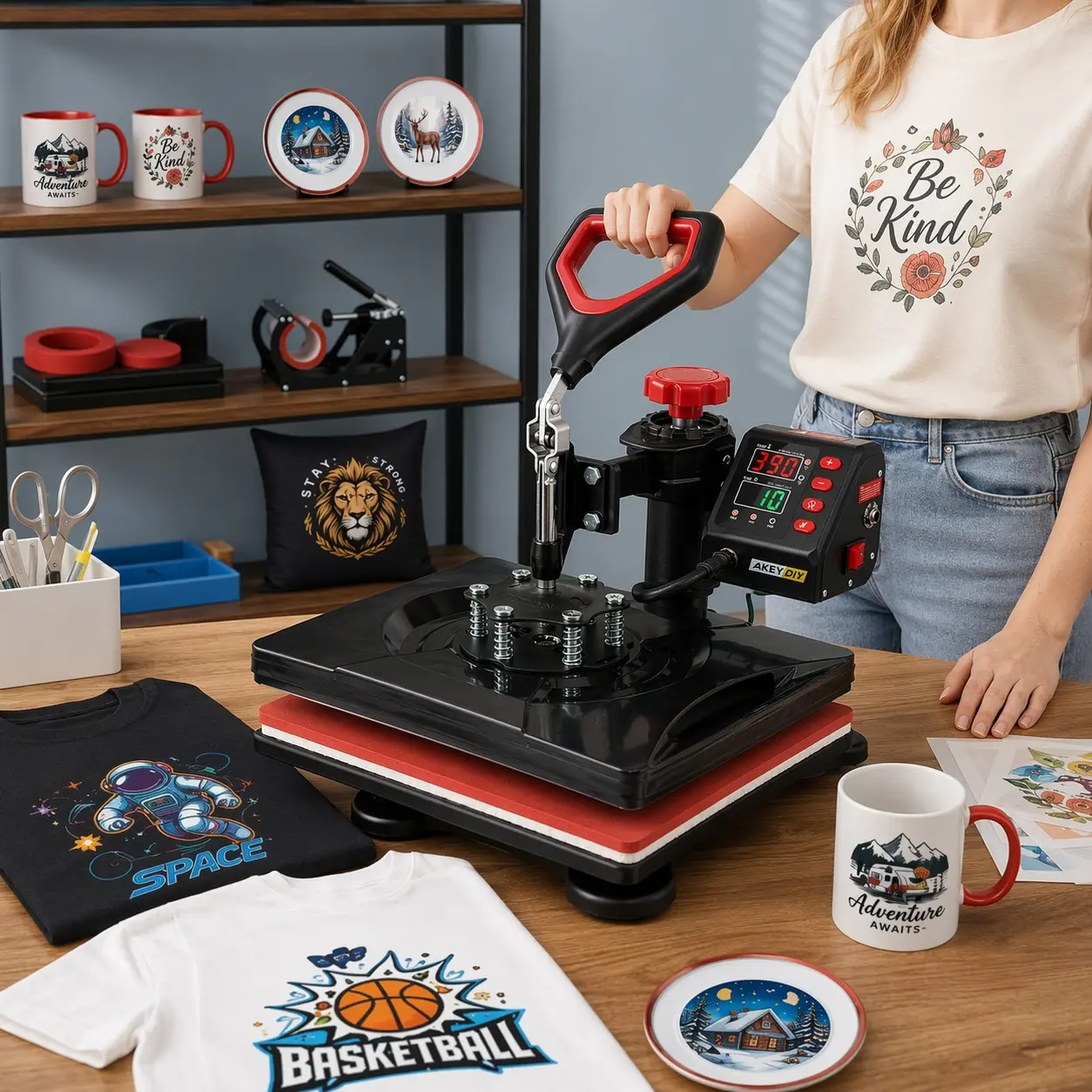 AKEYDIY Professional Cool Touch 5-in-1 Heat Press Machine, 12"x15" Full Anti-Scald Insulated Frame, Triple Fast Heating Teflon Platen, Hidden Ergonomic Handle & Precise Digital Temp Control, Commercial-Grade for T-Shirts, Mugs, Cups, Plates