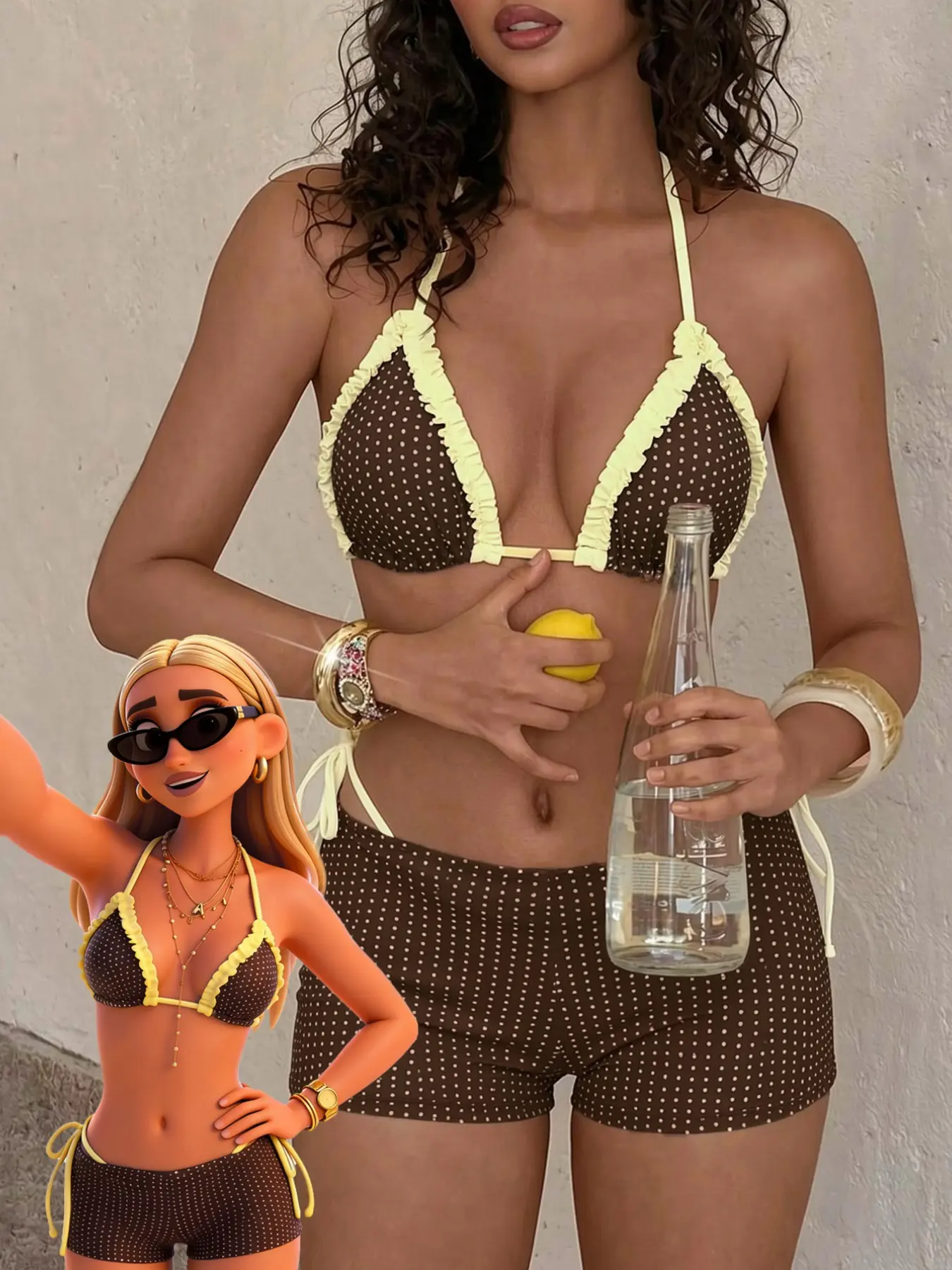 3pcs Women's Swimsuit bikini, Swimsuit Set, casual graphic polka beachwear swimsuit summer Brown and yellow pin spot boyshort outfit /Going Out Outfits/gym Outfit/Casual/Y2k/Streetwear/Vacation Outfits/music party Pool Pa Polka Dot Bikini