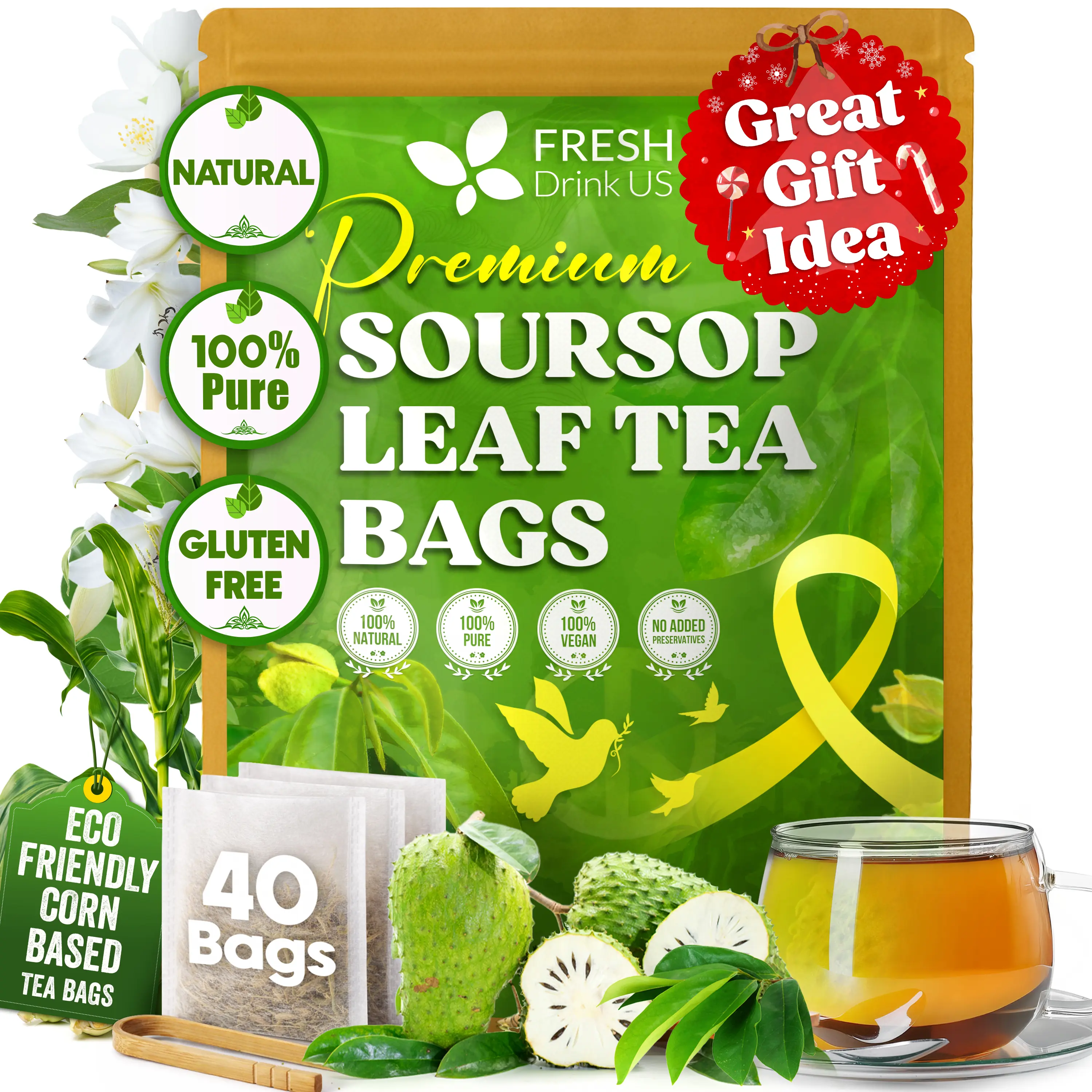 【FreshDrinkUS】 Soursop Tea, Premium Soursop Graviola Leaf Tea Bags, Guanábana leaves - Hojas de guanábana, 100% Natural and Pure from Soursop Leaves, Natural Digestion Support, Nutrient-Rich, No Sugar, No Caffeine