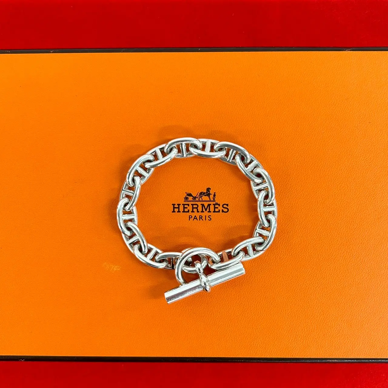 Pre-owned HERMÈS Sterling Silver 925 (Ag925) Small Leather Goods Hermes Chaine d’Ancre MM Bracelet
