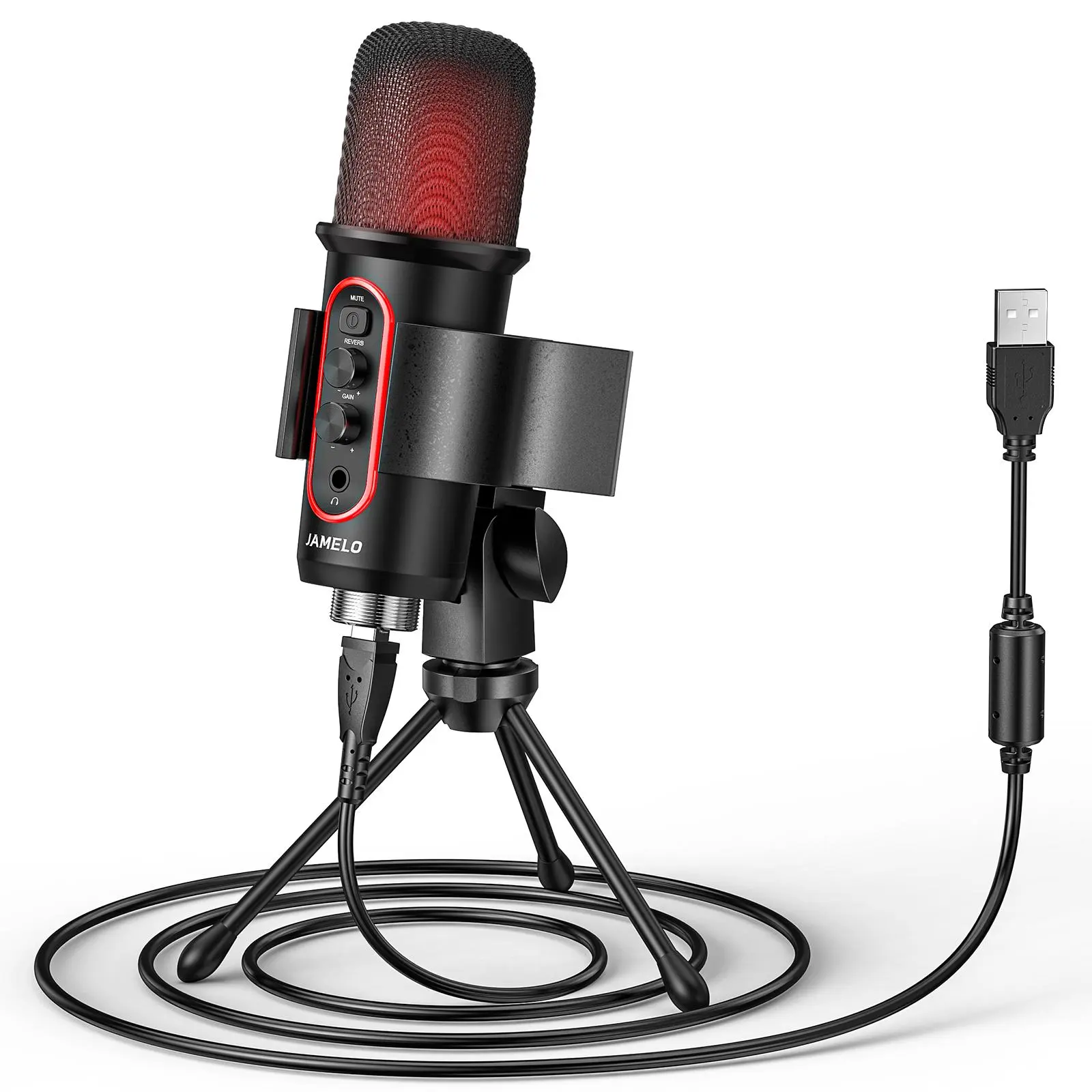 JAMELO Gaming Microphone, USB Computer Condenser Mic for PC/Laptop/Phone/PS4/5, RGB, Headphone Output, Volume Control,Plug and Play, Mute Button, for Streaming, Podcast, Studio Recording