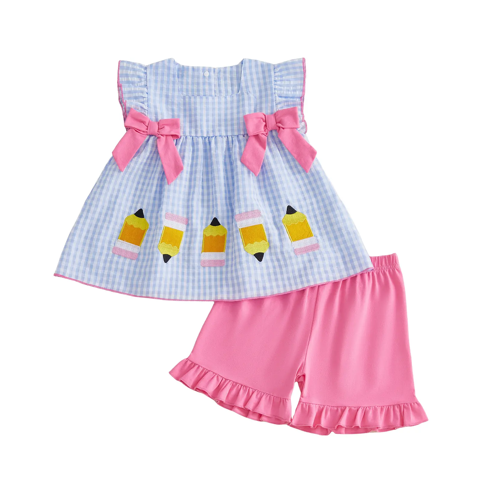 Toddler Baby Little Girl Back to School Outfits Sleeveless Plaid Print Ruffle Tops + Shorts Set Clothes 2-7 Years