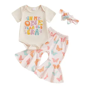 Baby Girls First/2nd Birthday Outfit 1st/2Year Brithday Short Sleeve Letters Print Romper/T-shirt Butterfly Flare Pants Headband One Year/Two Year Era Birthday Clothes Gift