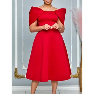 D492 025 Red Off-the-Shoulder Puff Sleeve Flared Midi Dress Women Elegant Formal Party Cocktail Gown