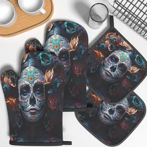 4pcs Heat Resistant Oven Mitts And Potholders Mexican Sugar Skull Art Kitchen Oven Mitts And Pot Holders Sets Suitable For Kitchen Decoration, Cooking, Grilling, Baking And Great Holiday Camping Picnics Gifts