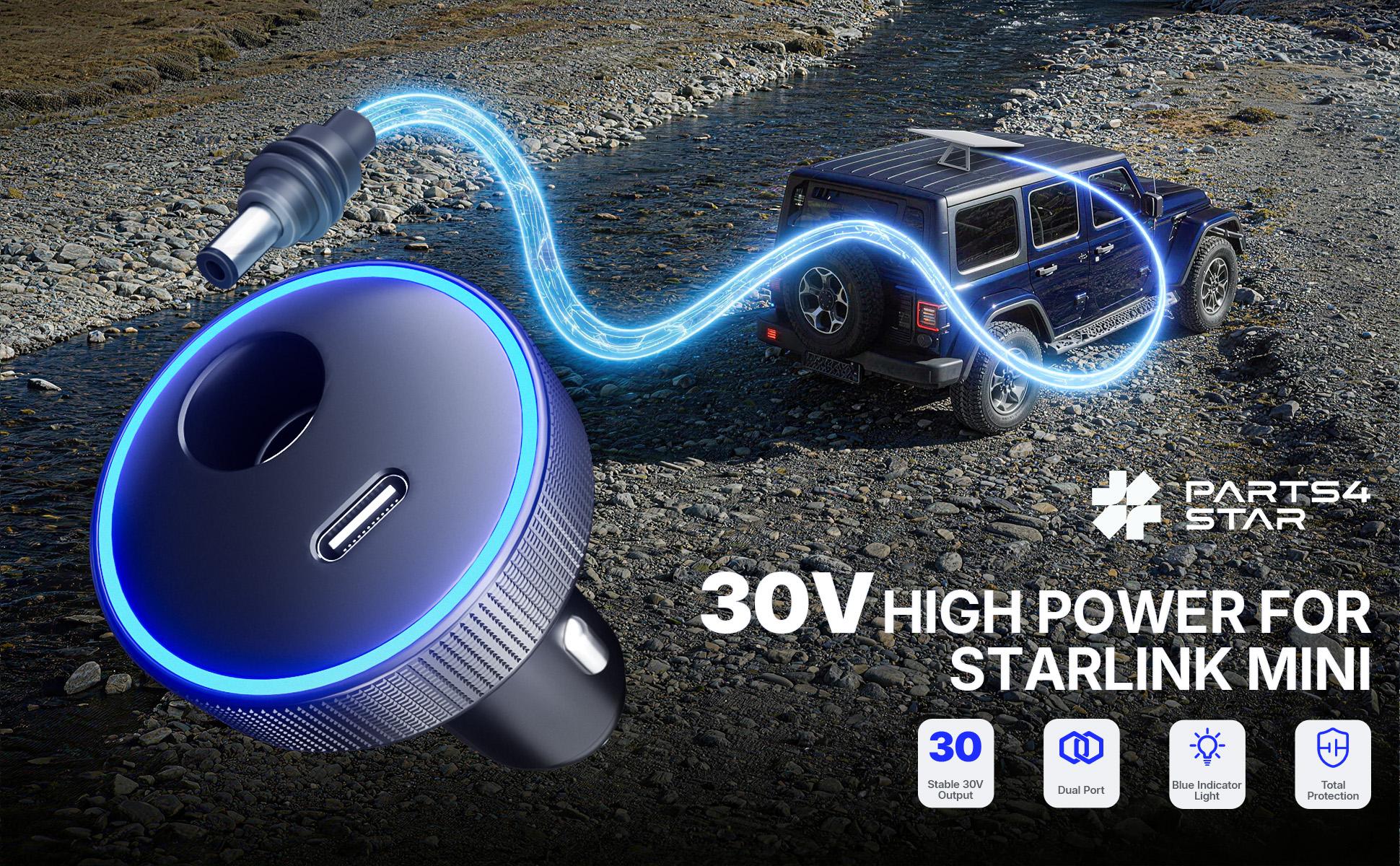 Starlink Mini Car Adapter 12V/24V to 30V DC Step-Up Converter, 30W USB-C Car Charger with Blue Indicator Light, Starlink Mini Accessories