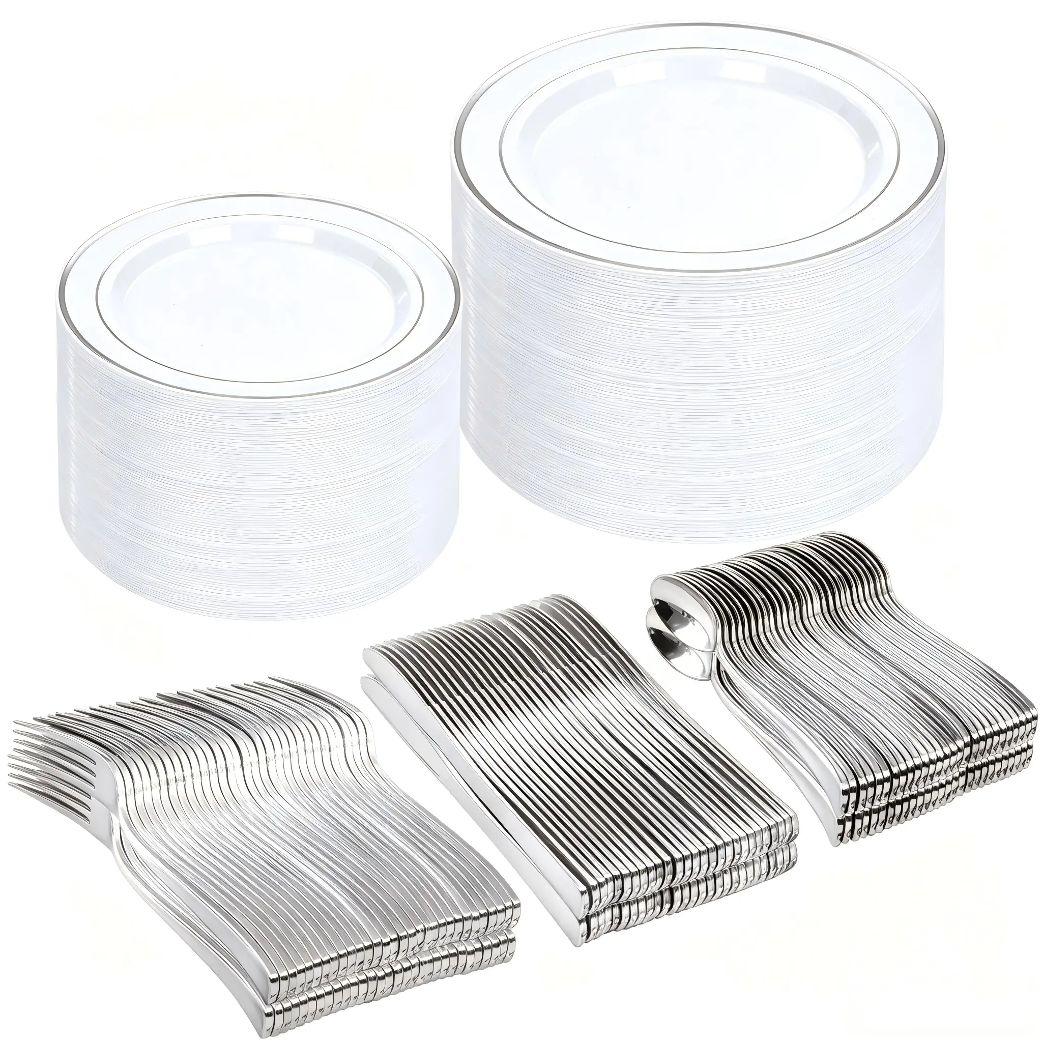 500pcs disposable Plastic Dinnerware Sets Includes: 100 Multicolor Dinner Plates, 100 Salad   Silver Plates, 100 Plastic Silverware Set for easter