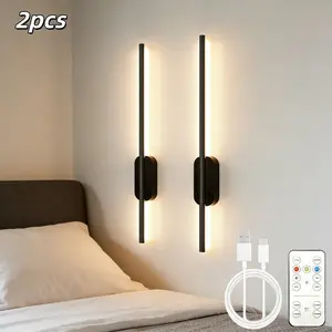2pcs 20-Inch Black Modern Rechargeable LED Decorative Wall Lamp with IR Remote Control Dimmable Lighting Modes Adjustable Cordless Wall Sconce, Magnetic Fixation, 3000K/4000K/6000K Color Temperature