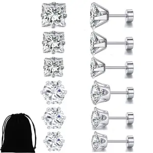 Titanium Flat Back Earrings - Pack of Surgical Stainless Steel Round Square Princess Cut CZ Screw Back Stud For Women Men Hypoallergenic Cubic Zirconia Earrings