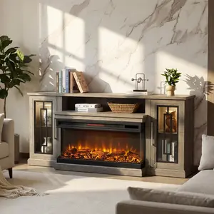 75 Inch Electric Fireplace TV Stand, 3- Side Glass LED Modern Media Entertainment Center Console Table for TVs up to 80/85 Inch w/Adjustable Flame, 40’’ Fireplace, Highboy, Gray Wash