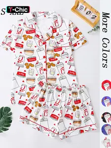 Women's All Over Print Button Front Shirt & Shorts Pyjama Set, Comfort Two-piece Pj Set for Homewear, Women's Sleepwear for All Seasons, Pajama Set, Casual Sleepwear Set