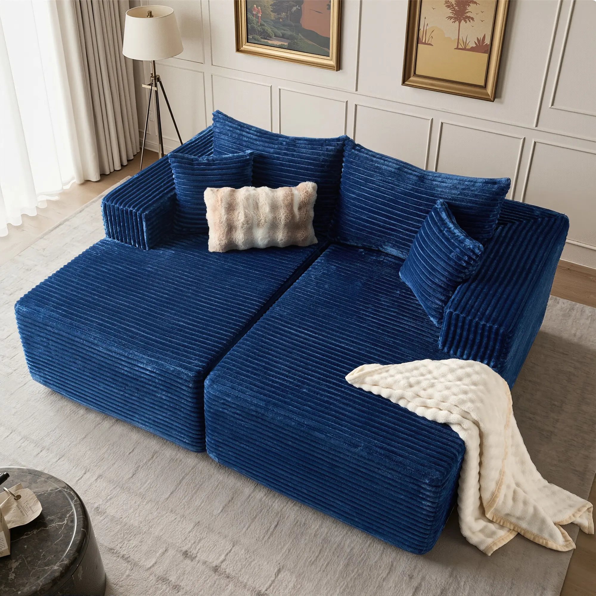 Oversized 75" Sectional Double Chaise Lounge, Modern Blue Cloud Plush Corduroy Sofa Bed with Cushion & Throw Pillows,【2 packages Delivery】 No Assembly Required Cozy Indoor Sleeper Loveseat