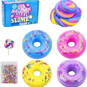 Fluffy Slime Set, 4 Pieces Doughnut Candy Slime Kit, Doughnut Slime, Butter Slime, DIY Fluffy Slime for Soft Slime Boys Girls Birthday Gift (Blue/Yellow/Purple/Pink