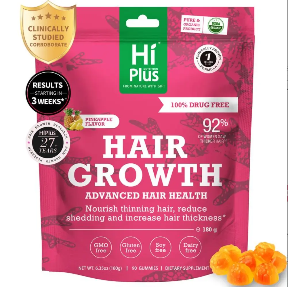 HiPlus Women's Edible Chewable Hair Growth Accelerator Supplement - GMO-Free Beauty Vitamin with Proprietary Collagen Complex, Biotin, Hair & Nail Care, Skin Benefits, 45-Day Supply, Dietary Healthcare Aid
