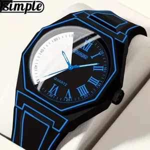 Quartz Watches for Men -1pc Modern Cartoon Minimalist Unisex Mens Watch, Silicone Strap, Black & White Dial with Geometric Patterns, Casual Watches for Men & Women, Special Occasions, Everyday Timepiece - Christmas, Halloween Gift, Reloj Para Hombre.