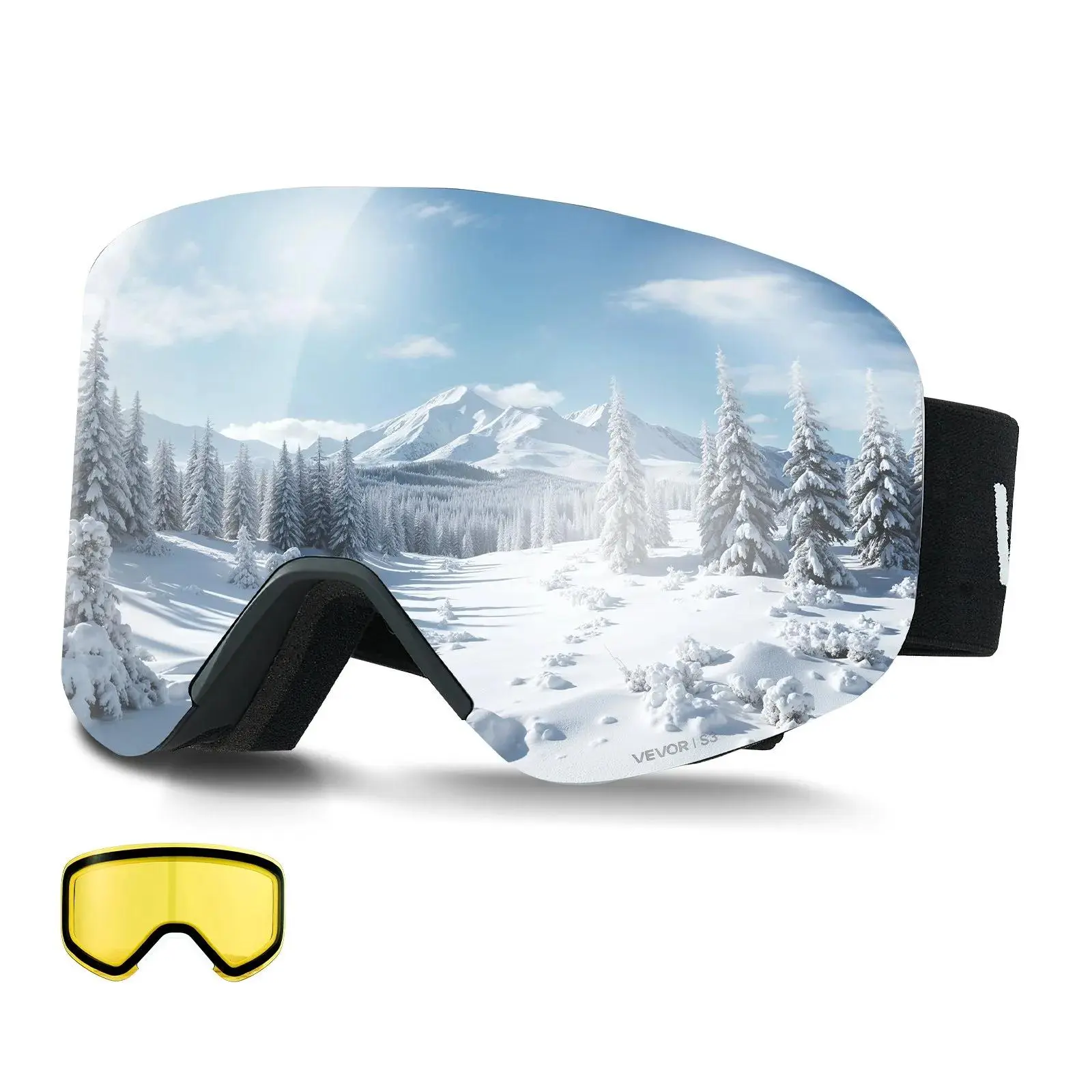 Frameless Magnetic Ski Goggles for Men, Cylindrical Mirrored Lens, OTG Anti-Fog Outdoor Snow Eyewear with Helmet Compatible Adjustable Strap, Anti-Fog Vent, Anti Fog Sports Eyewear